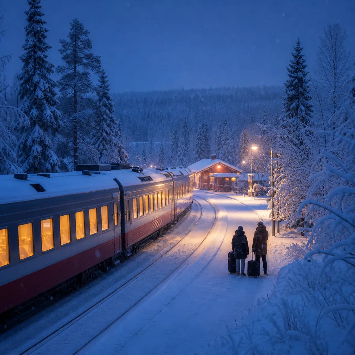 蓝调雪林中,暖光夜火车驶入拉普兰小站,旅客在站台等待